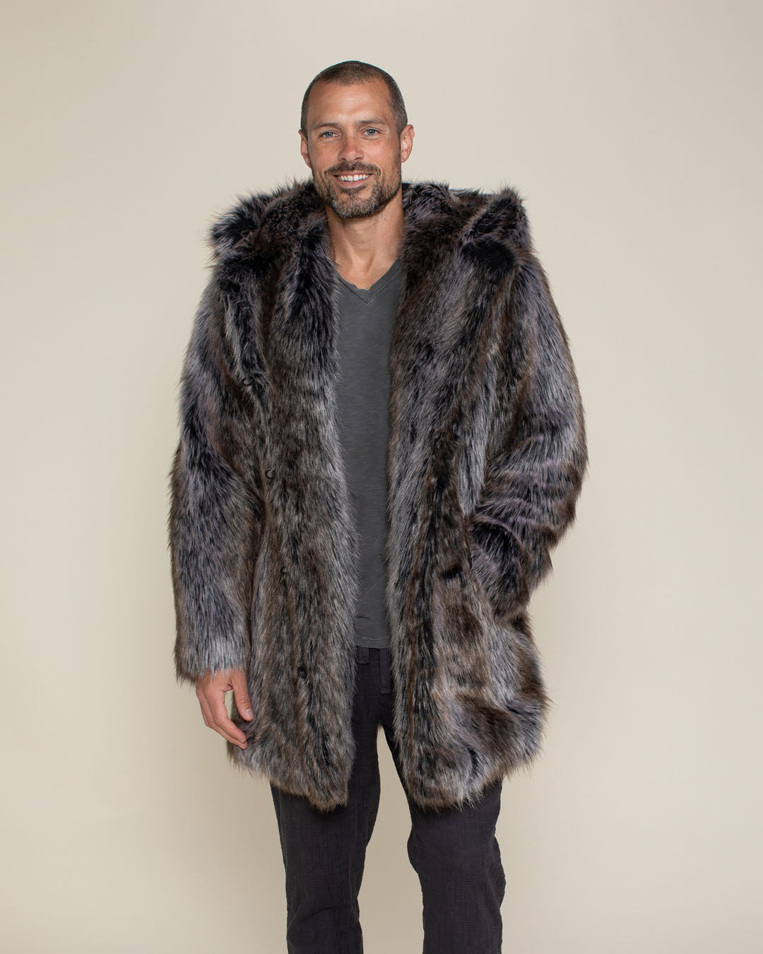 Grey Wolf Classic Faux Fur Coat with Hood on Man