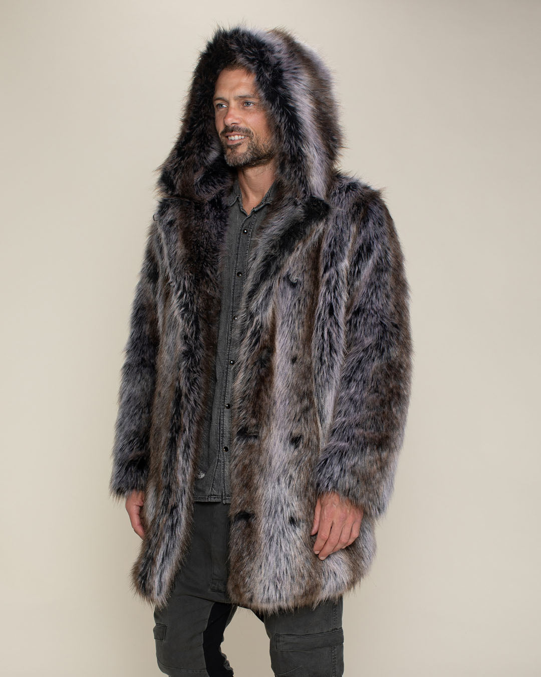 Grey Wolf Hooded Faux Fur Coat | Men&#39;s