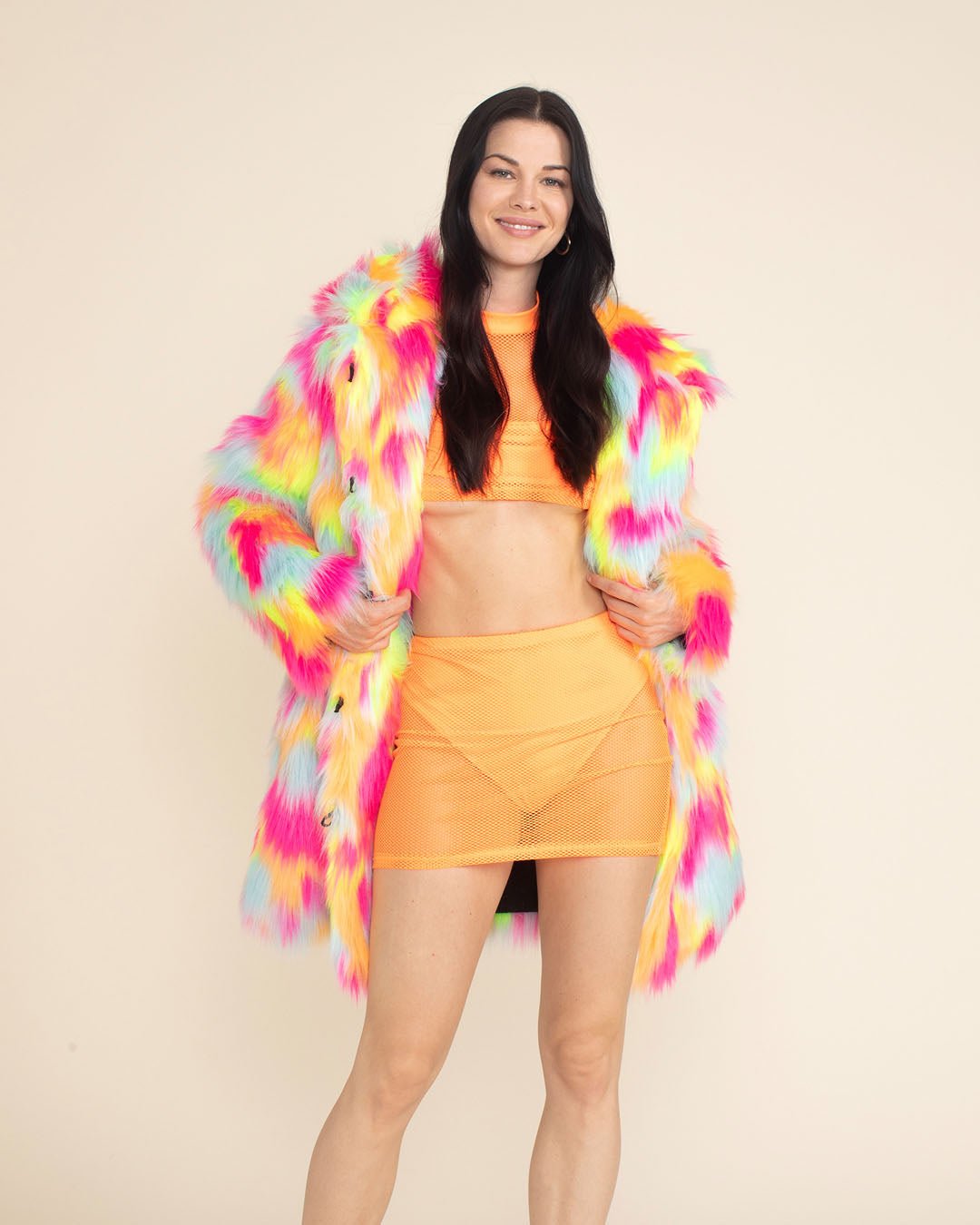 Colorful Faux Fur Coat Womens Hooded Neon Calico Kitty S neon pink orange blue yellow