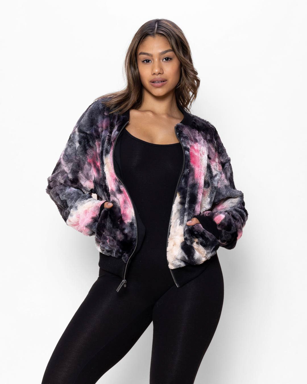 Colorful Faux Fur Jacket Women's | Tie Dye Pink & Black Colorful Faux Fur Jacket Women's | Tie Dye Pink & Black