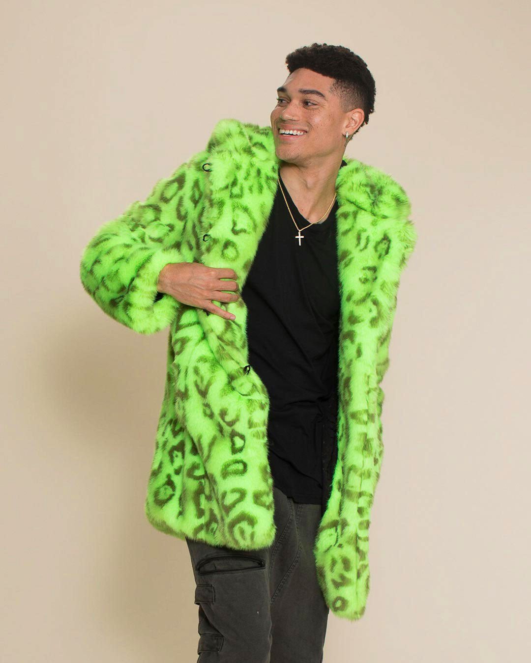 Men's Faux Fur Coat With Hood | Neon Green Leopard - SpiritHoods Men's Faux Fur Coat With Hood | Neon Green Leopard - SpiritHoods