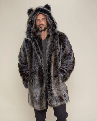 Man with hands in pockets wearing Grey Wolf Faux Fur Coat with Hood and Ears.