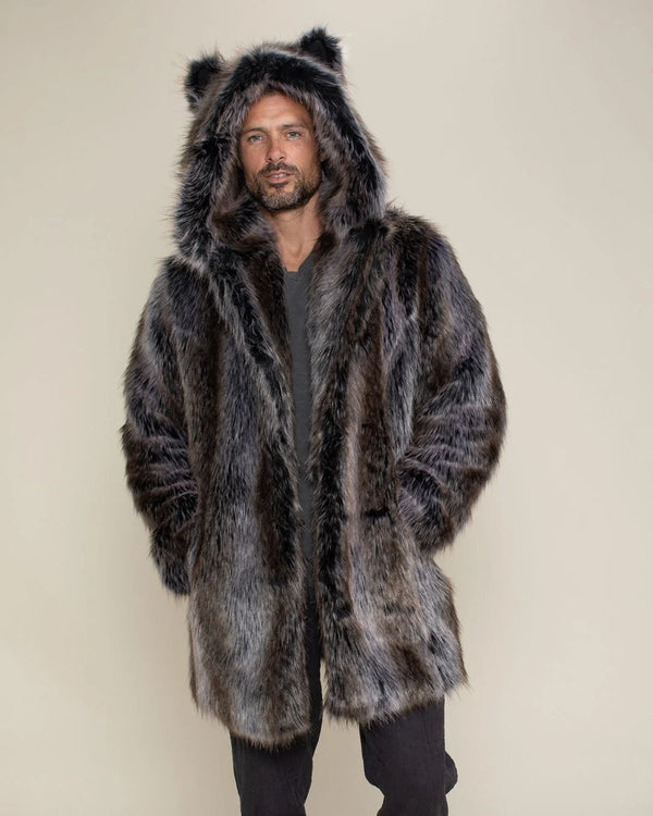 Mens Parka Jacket Grey Coat With Big Fur Hood With Fur Collar