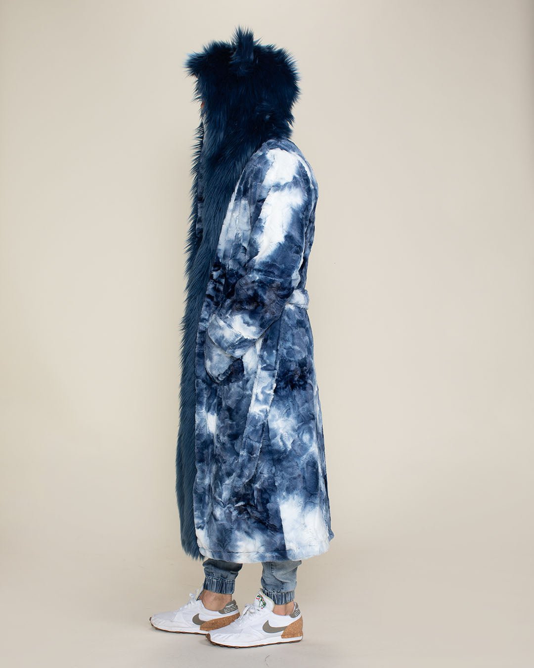 Wolf Print Robe Blue Tie Dye Wolf Faux Fur Men's Robe with Hood | SpiritHoods