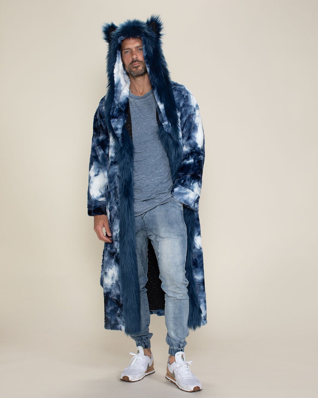Dry Robe Wolves Blue Tie Dye Wolf Faux Fur Men's Robe with Hood | SpiritHoods