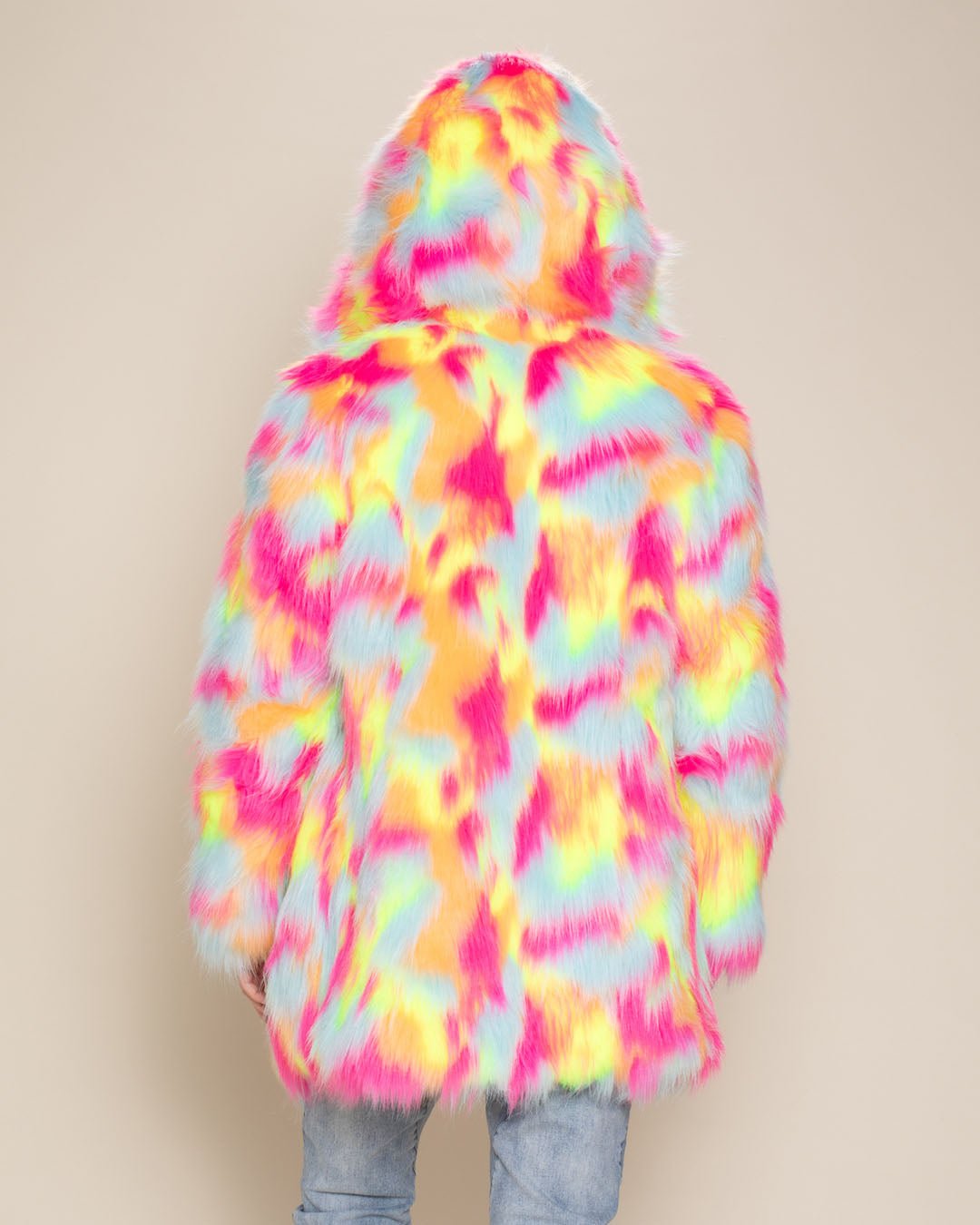 Men’s Faux Fur Coat With Hood | Neon Calico Cat - SpiritHoods