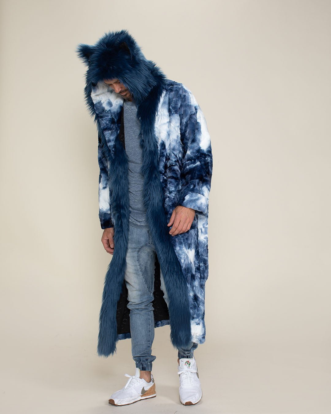 Wolf Print Robe Blue Tie Dye Wolf Faux Fur Men's Robe with Hood | SpiritHoods