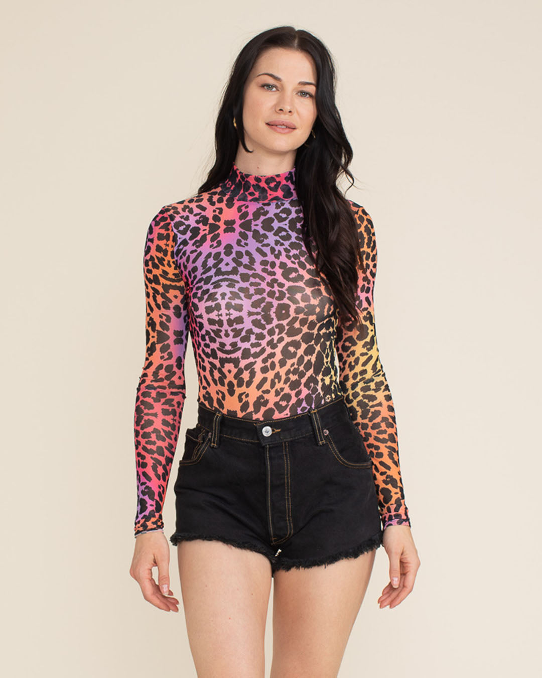 Sunset Leopard Mesh Long Sleeve Bodysuit | Women&#39;s