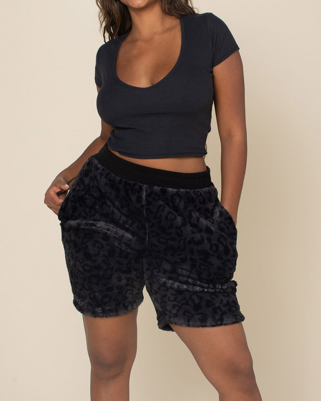 Slate Leopard Ultra Soft Faux Fur Sweat Shorts | Women&#39;s