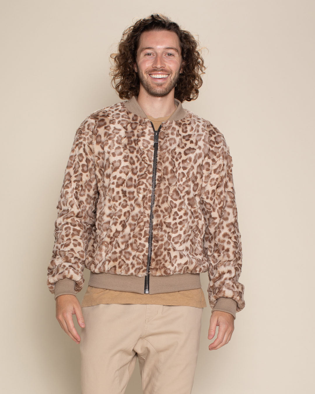 Strawberry Leopard Ultra Soft Faux Fur Bomber Jacket | Men&#39;s