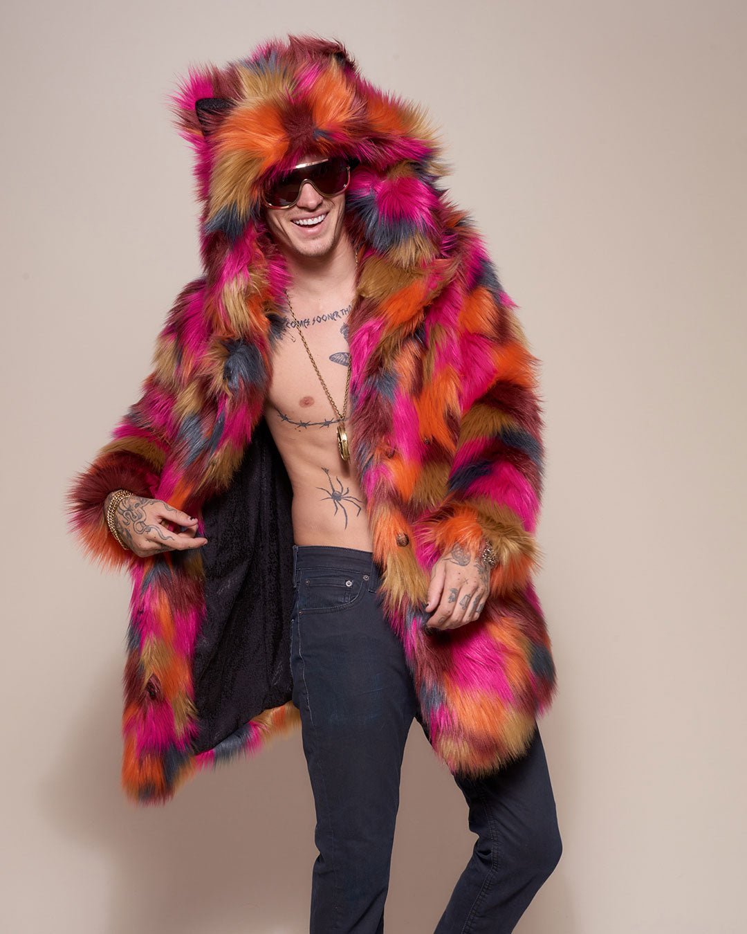 Man wearing Calico Leopard Classic Faux Fur Coat, front view 1