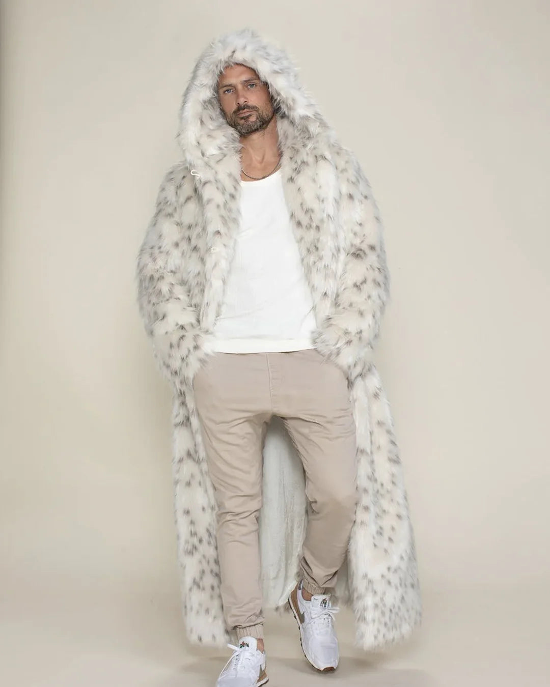 Hooded Men's Long Faux Fur Coat | Baby Snow Leopard | Made-To-Order