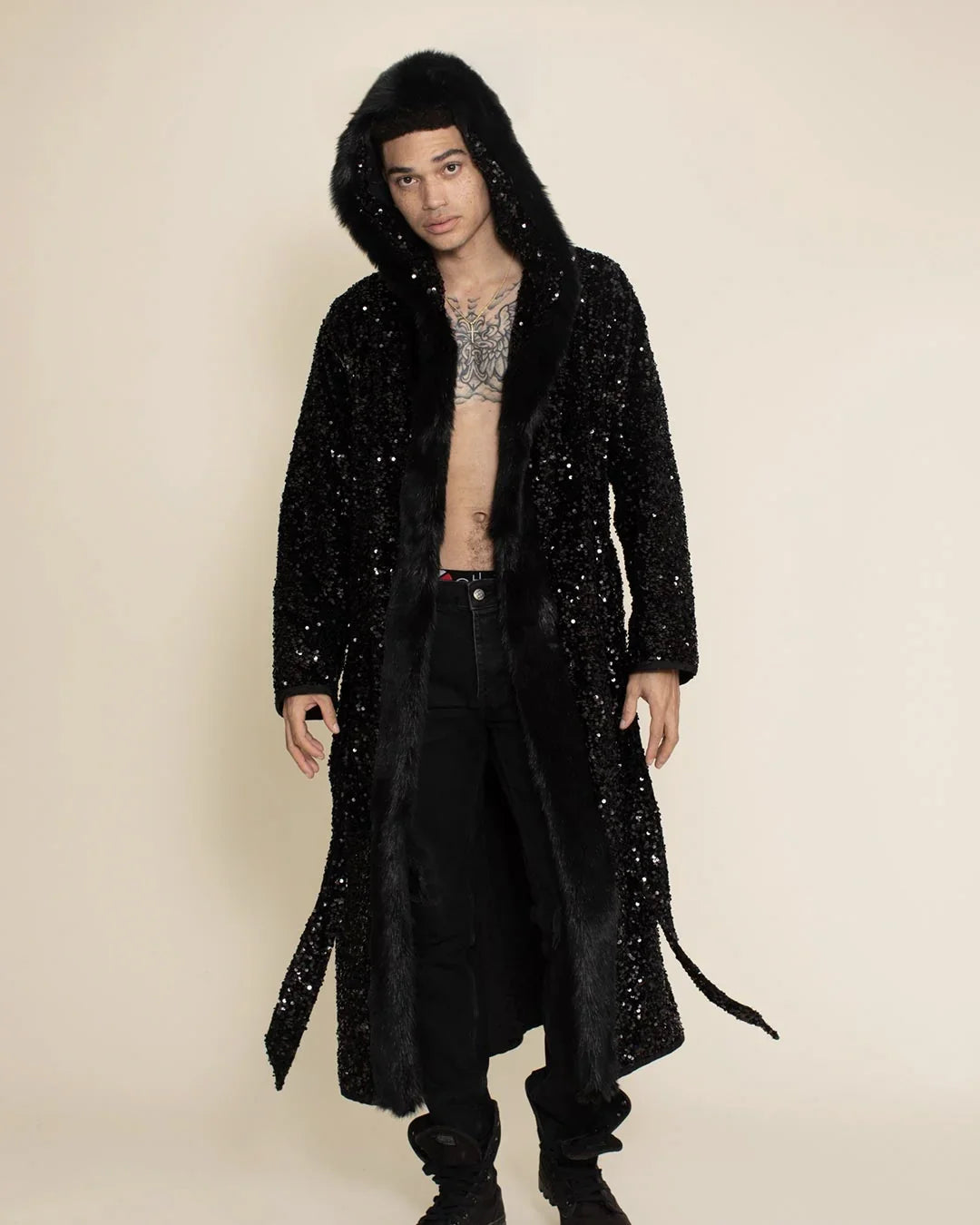 Hooded Men's Long Sequin Coat | Black Panther | Made-To-Order