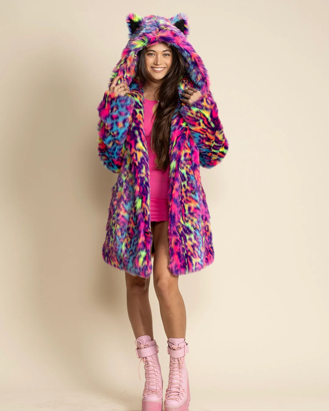 Classic Women's Pink & Blue Faux Fur Coat | Neon Disco Cat