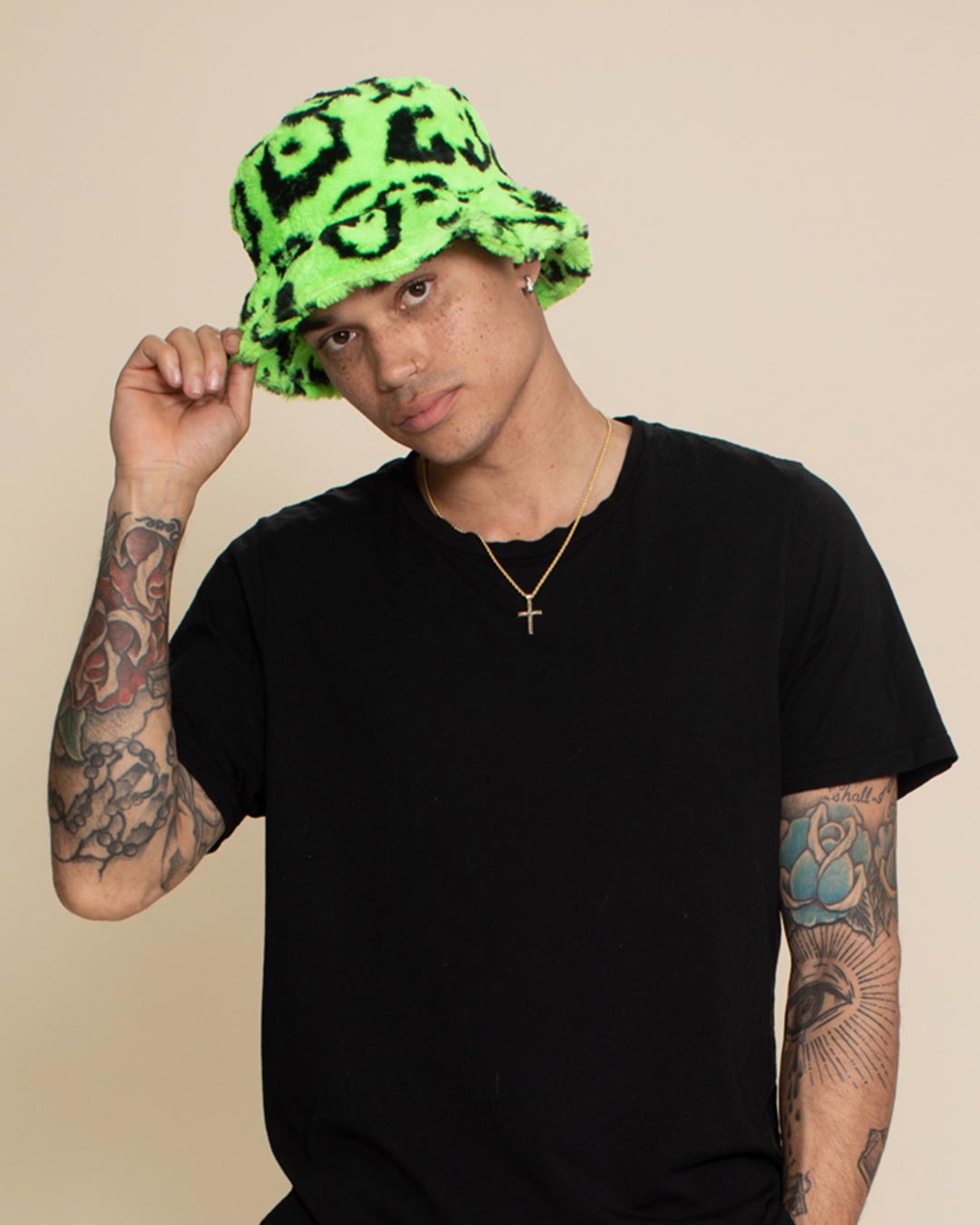 Men's Fur Bucket Hat | Neon Green Leopard