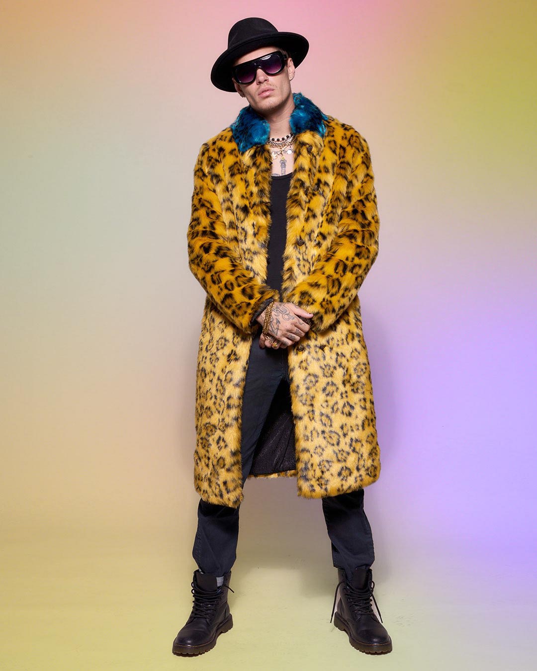 Yellow Cheetah Calf Length Faux Fur Coat on Male