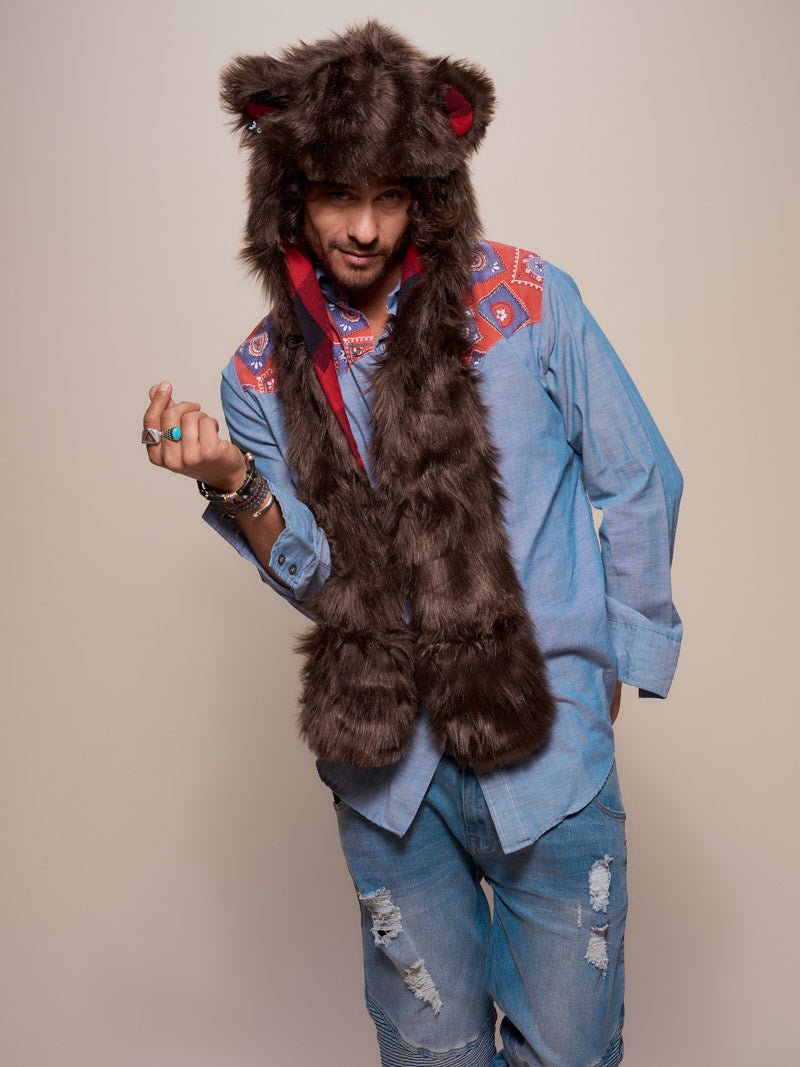 Man wearing faux fur Brown Bear SpiritHood, front view 1