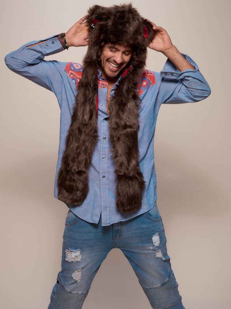 Man wearing faux fur Brown Bear SpiritHood, front view 4