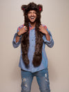 Man wearing faux fur Brown Bear SpiritHood, front view 3