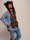 Man wearing faux fur Brown Bear SpiritHood, side view 2