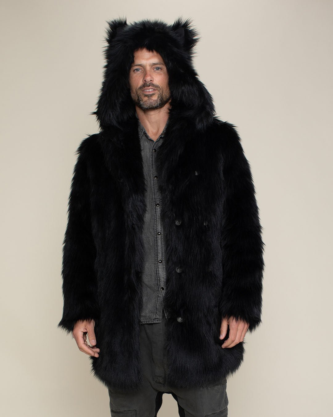 Classic Men's Faux Fur Coat Black Wolf - Main Image