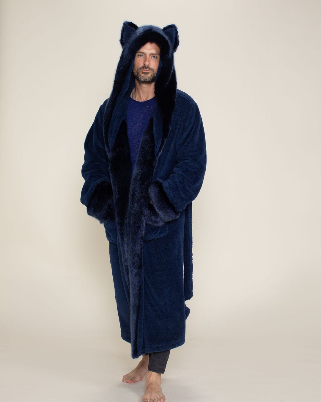 House Coat Men Men's Hooded Long Robe Plush Soft Bathrobe For