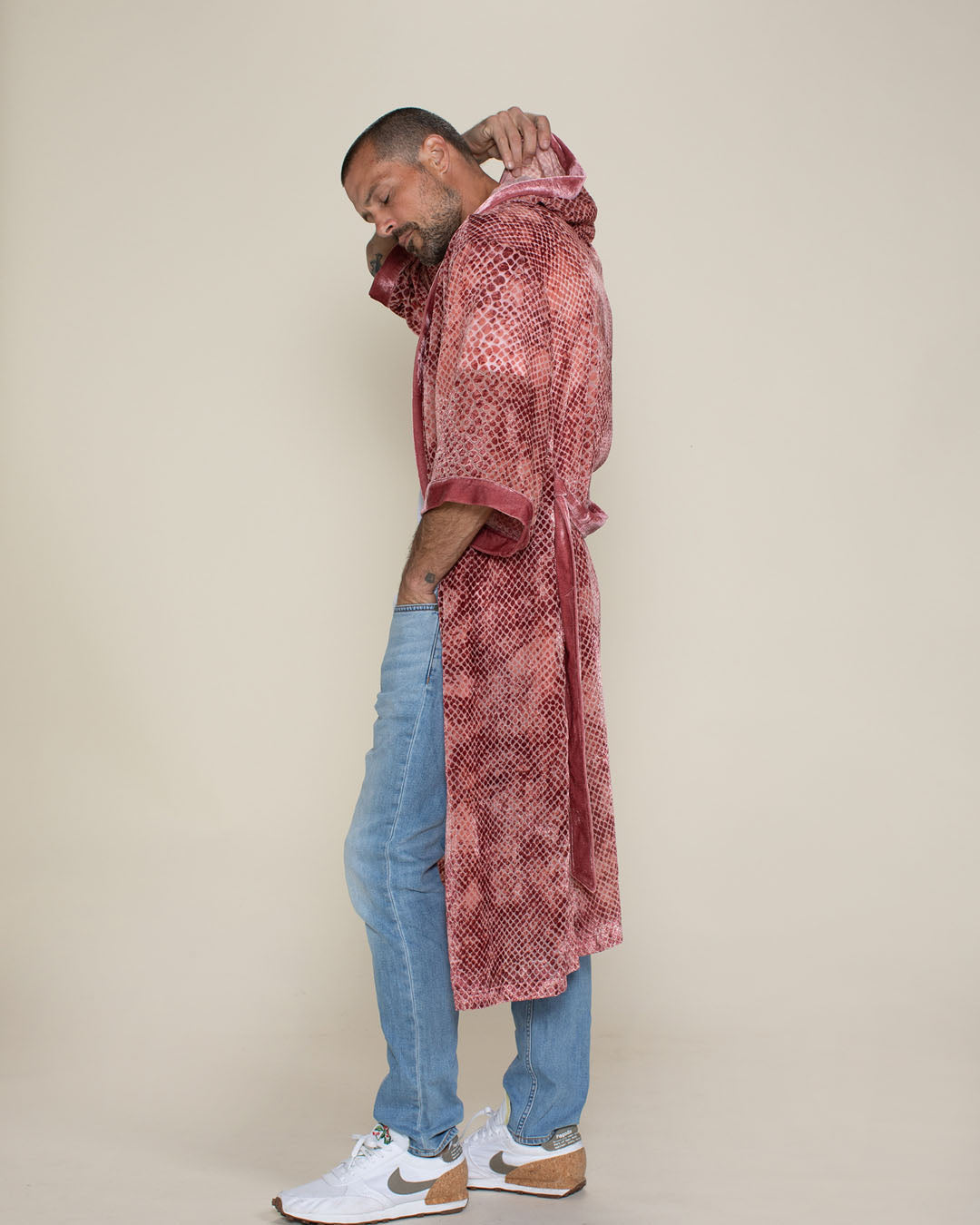 Rose Crocodile Hooded Burnout Velvet Kimono | Men&#39;s