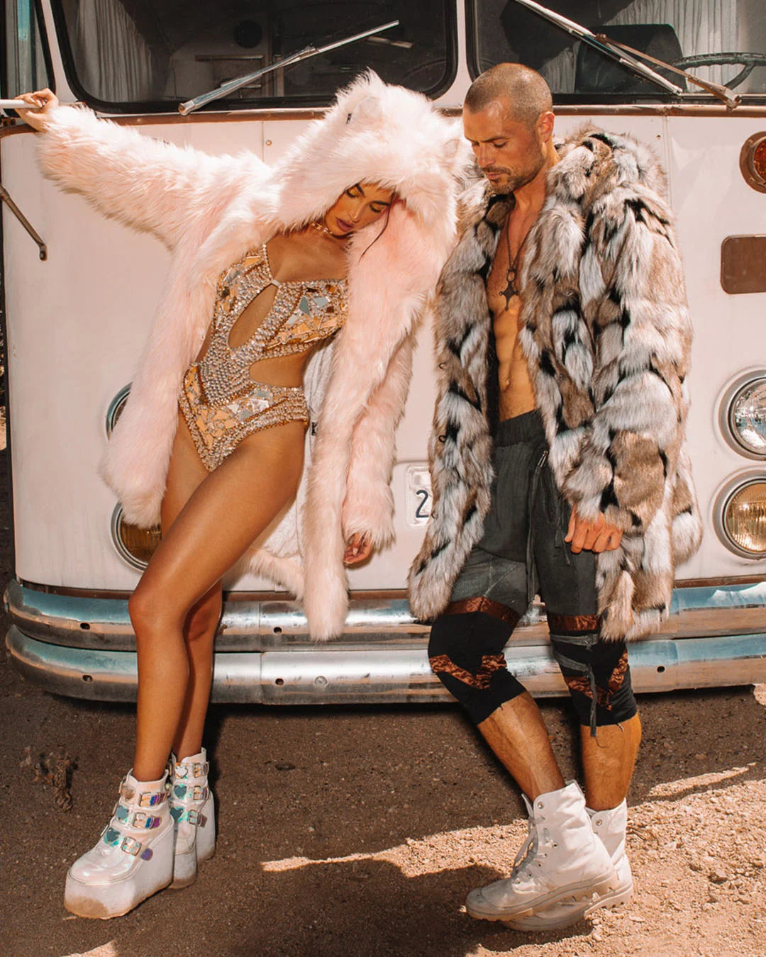 Couple wearing 100% vegan fashion brand festival colors with oversized hoods and relaxed silhouette