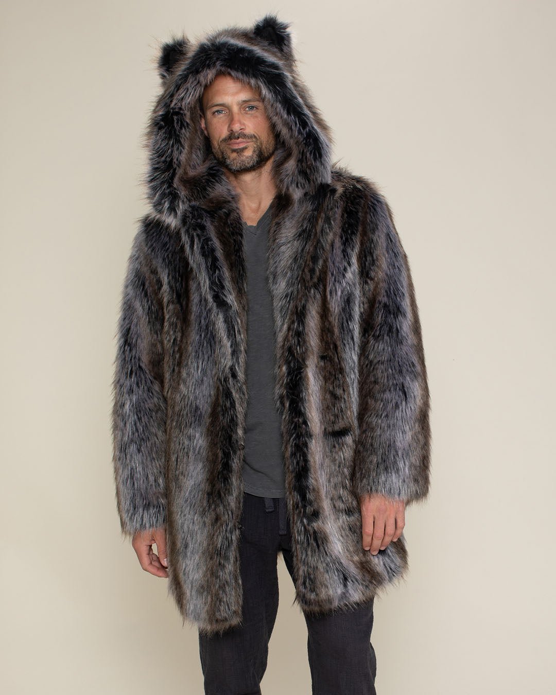 Men’s Faux Fur Coat With Hood & Ears | Grey Wolf - SpiritHoods