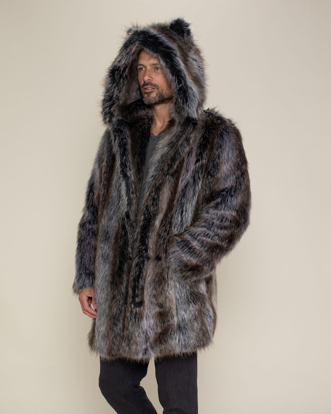 Wolverine Grey Faux Fur Men's Coat with Hood | SpiritHoods Brown/Black/Grey / Xxs
