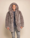 100% vegan fashion brand men's Grey Fox luxe fur coat with a peacoat button closure and plush fake fur