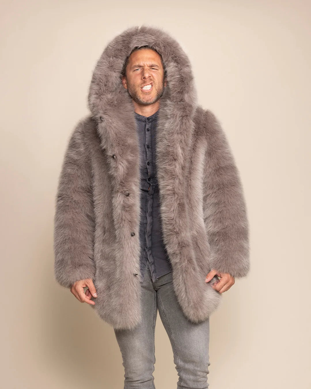 100% vegan fashion brand men's Grey Fox luxe fur coat with a peacoat button closure and plush fake fur