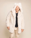 Luxury Mens white wolf fur parka for festivals like burning man, made from premium 100% fake fur.