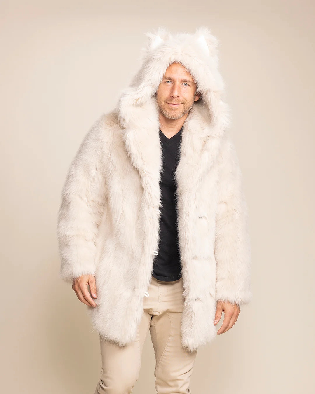 Luxury Mens white wolf fur parka for festivals like burning man, made from premium 100% fake fur.