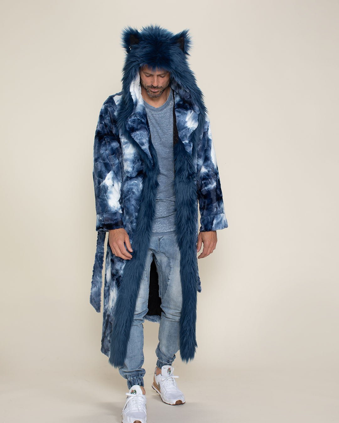Wolf Print Robe Blue Tie Dye Wolf Faux Fur Men's Robe with Hood | SpiritHoods
