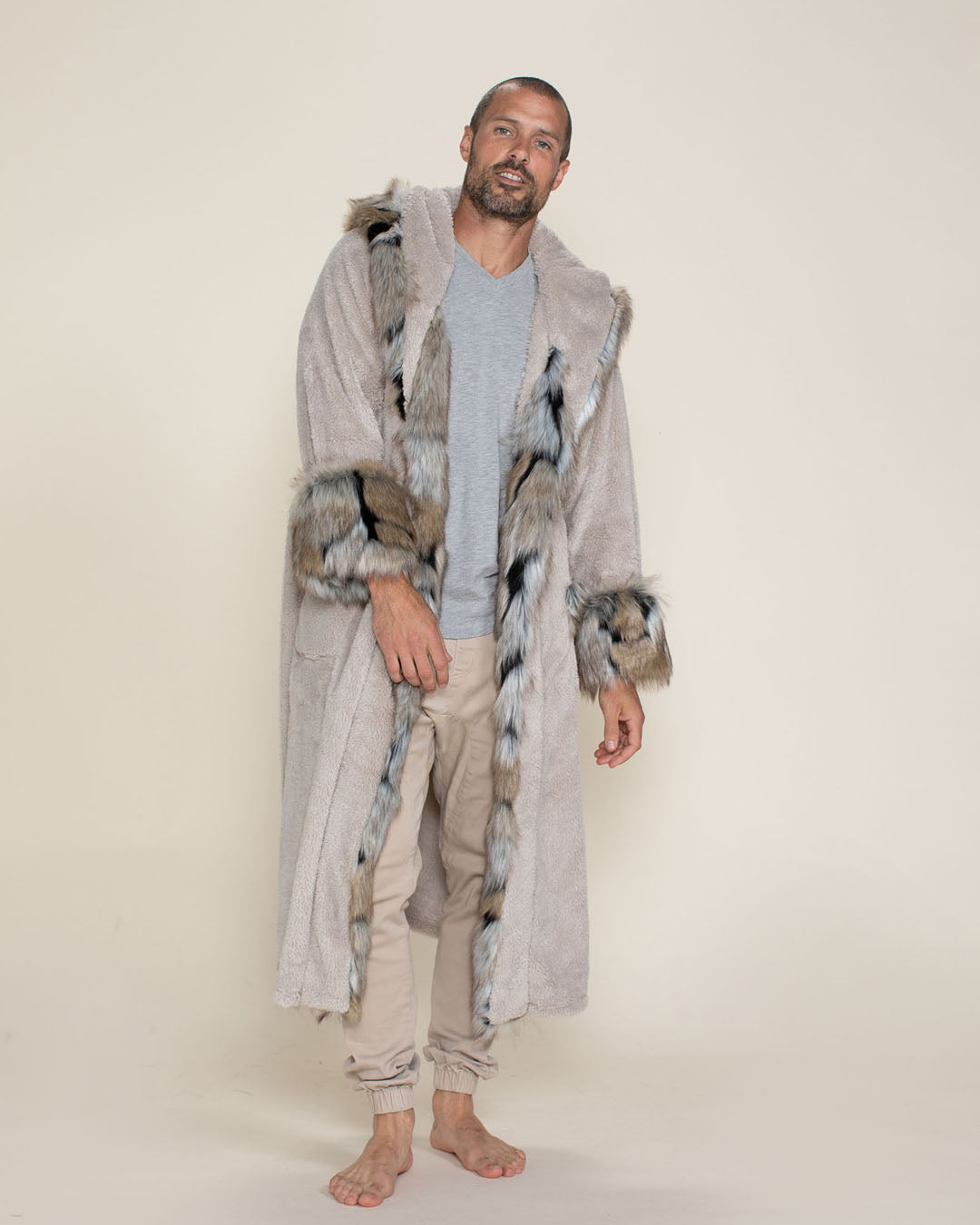Wolverine Grey Faux Fur Men's Robe | House Coat | SpiritHoods S / Grey/Brown/Black