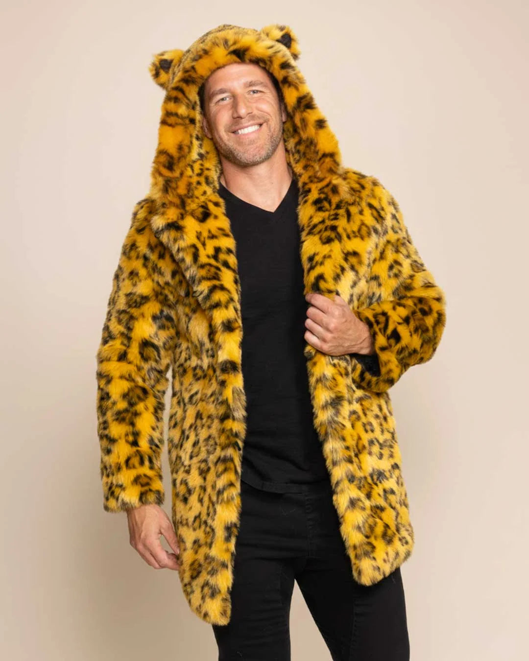 Men's Yellow Cheetah Faux Fur Coat featuring an oversized hood with animal ears and plush colorful cheetah print