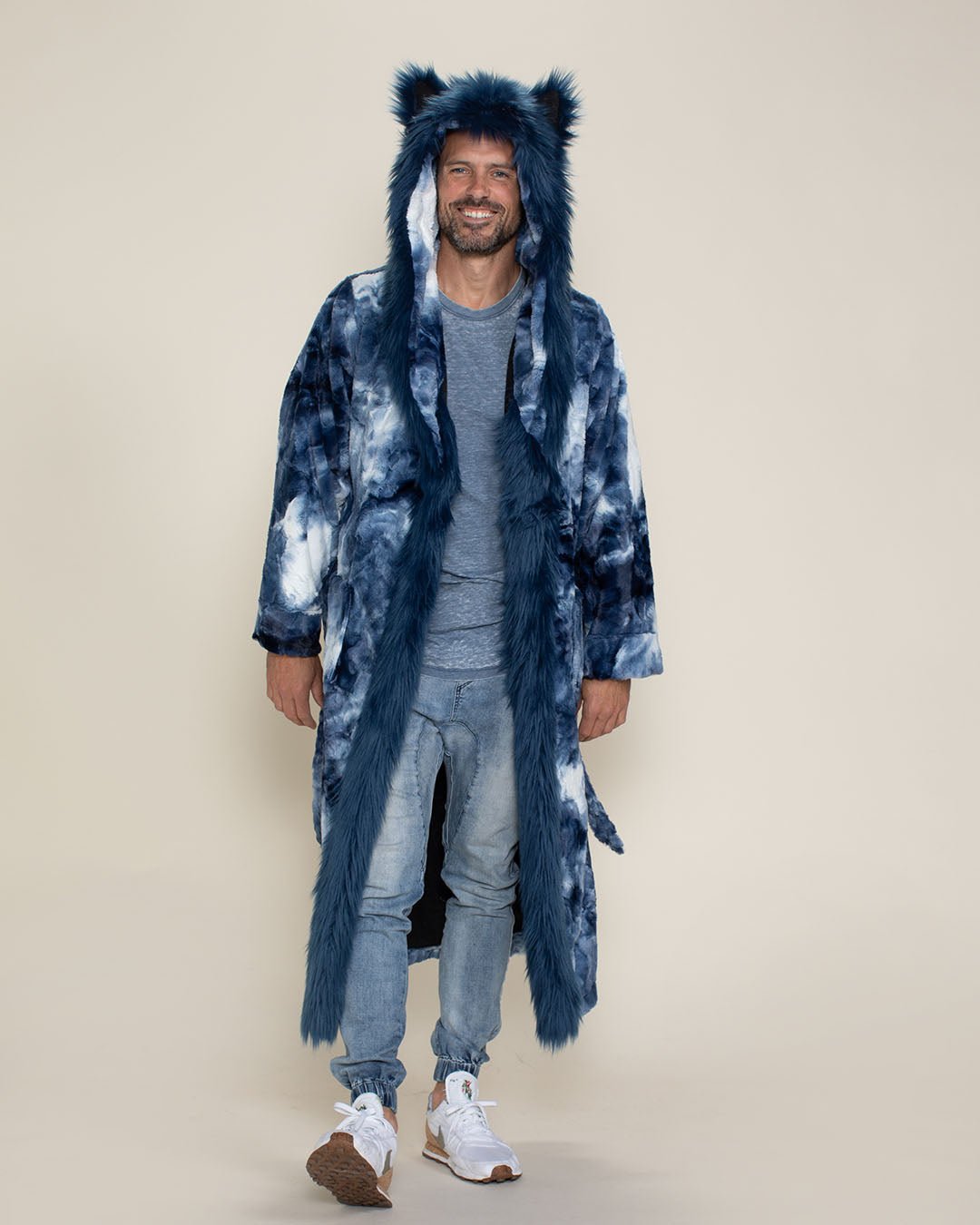 Dry Robe Wolves Blue Tie Dye Wolf Faux Fur Men's Robe with Hood | SpiritHoods