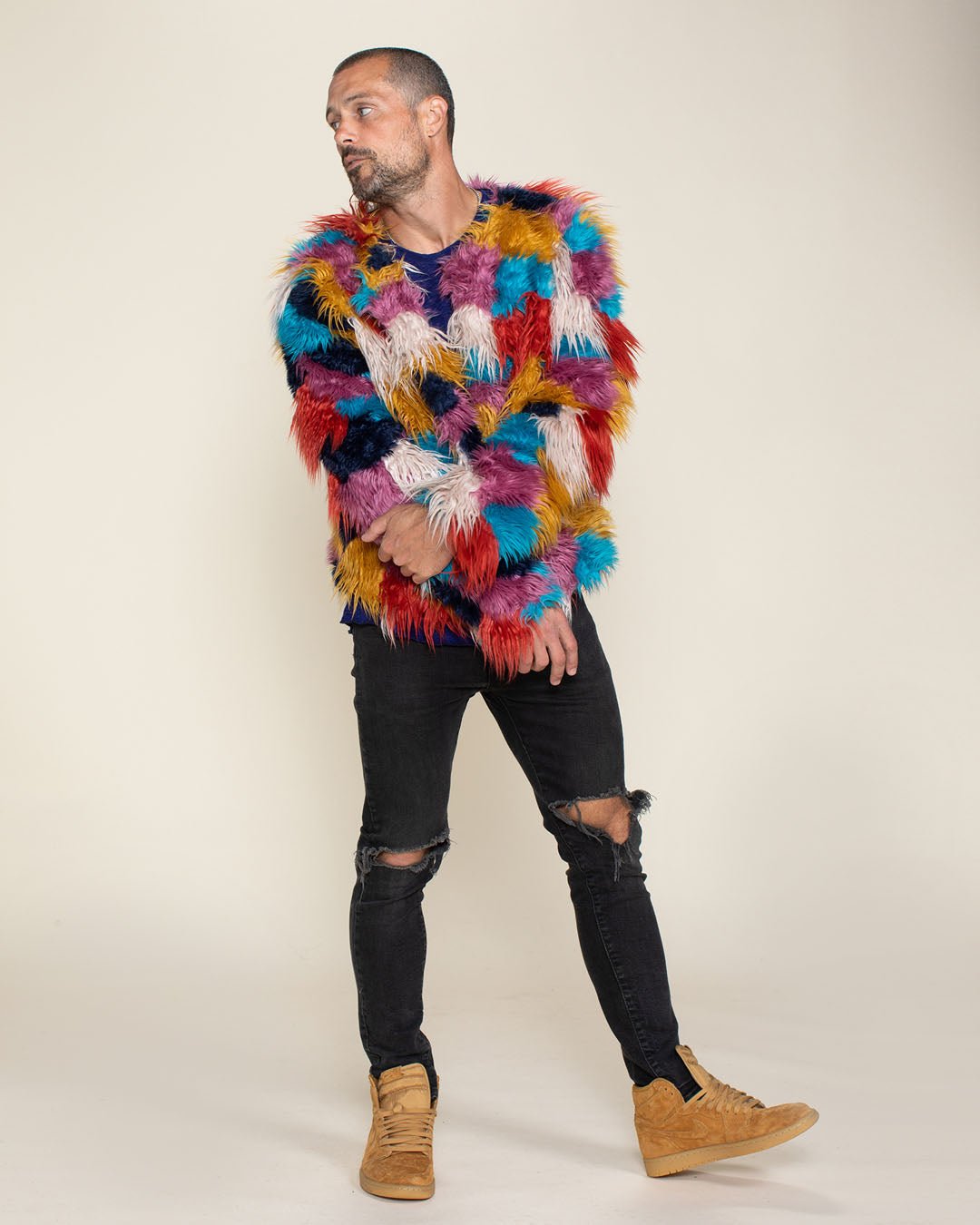 Men's Colorful Faux Fur Jacket Butterfly - Main Image