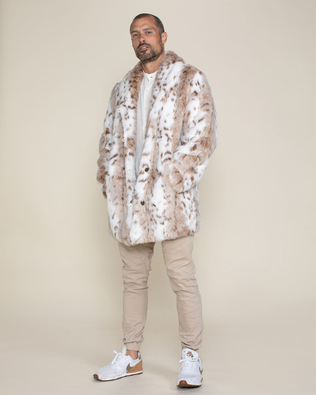 Siberian Snow Leopard Collared Faux Fur Coat | Men&#39;s