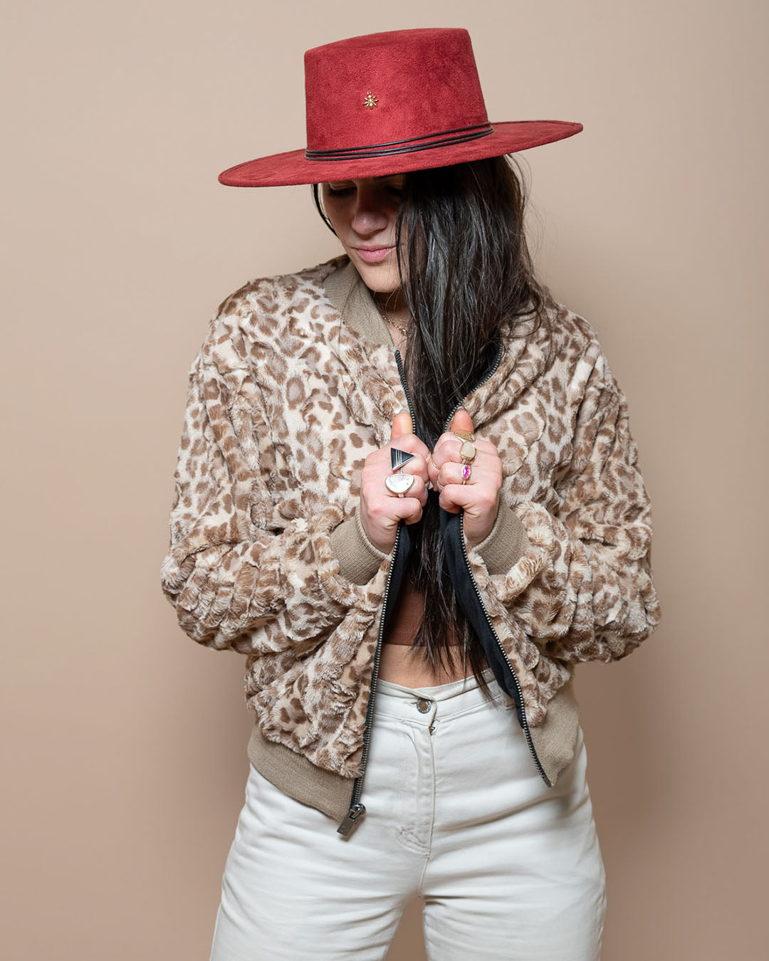 Strawberry Leopard Ultra Soft Faux Fur Bomber Jacket | Women&#39;s