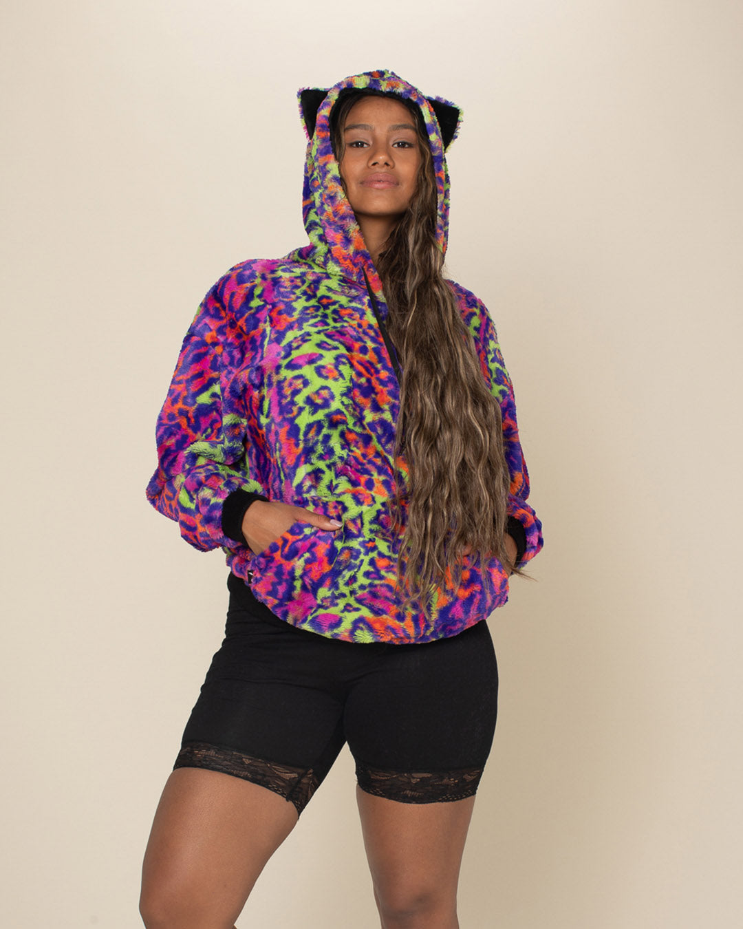 Neon Disco Kitty Classic ULTRA SOFT Faux Fur Hoodie | Women's