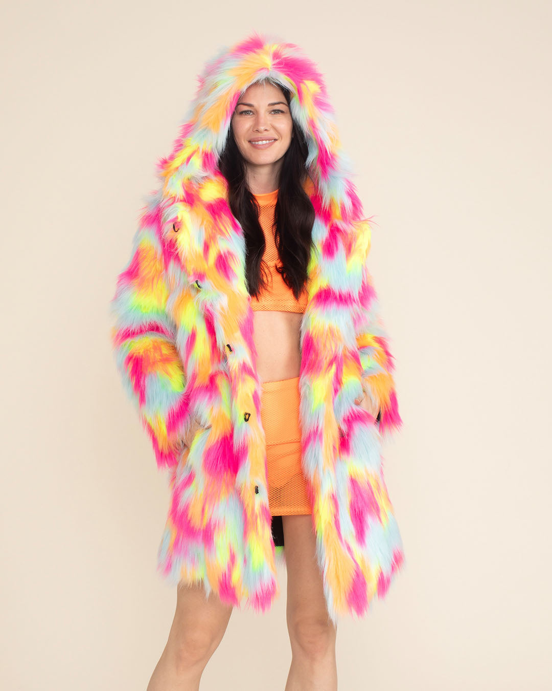 Neon Calico Kitty Hooded Collector Edition Faux Fur Coat | Women&#39;s
