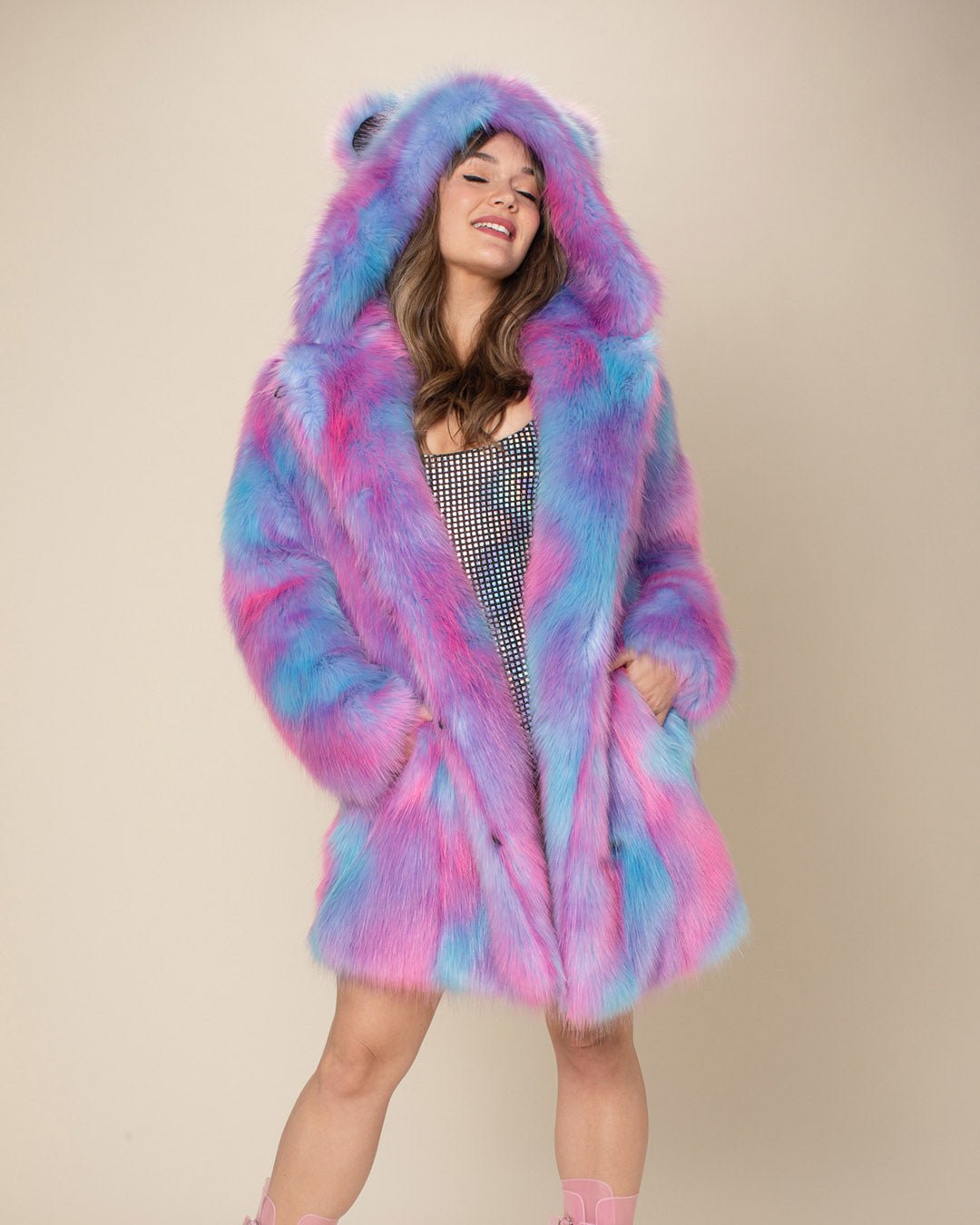 Fun Fur Candy Raver Colorful Faux Fur Coat Womens | Cotton Candy Bear - SpiritHoods