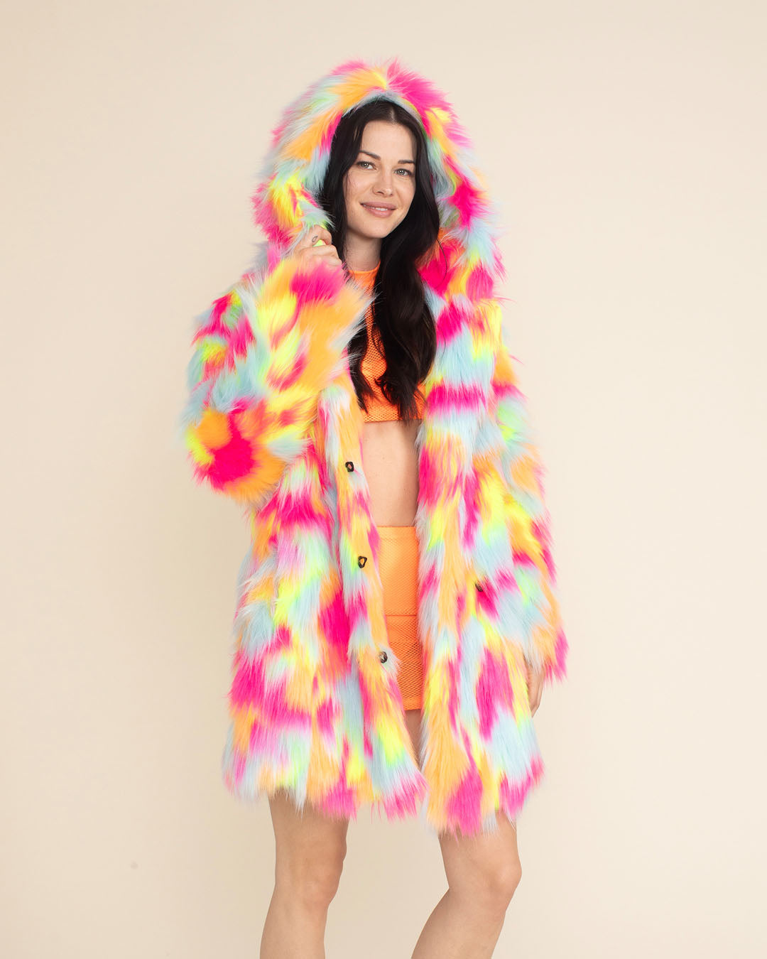 Neon Calico Kitty Hooded Collector Edition Faux Fur Coat | Women&#39;s