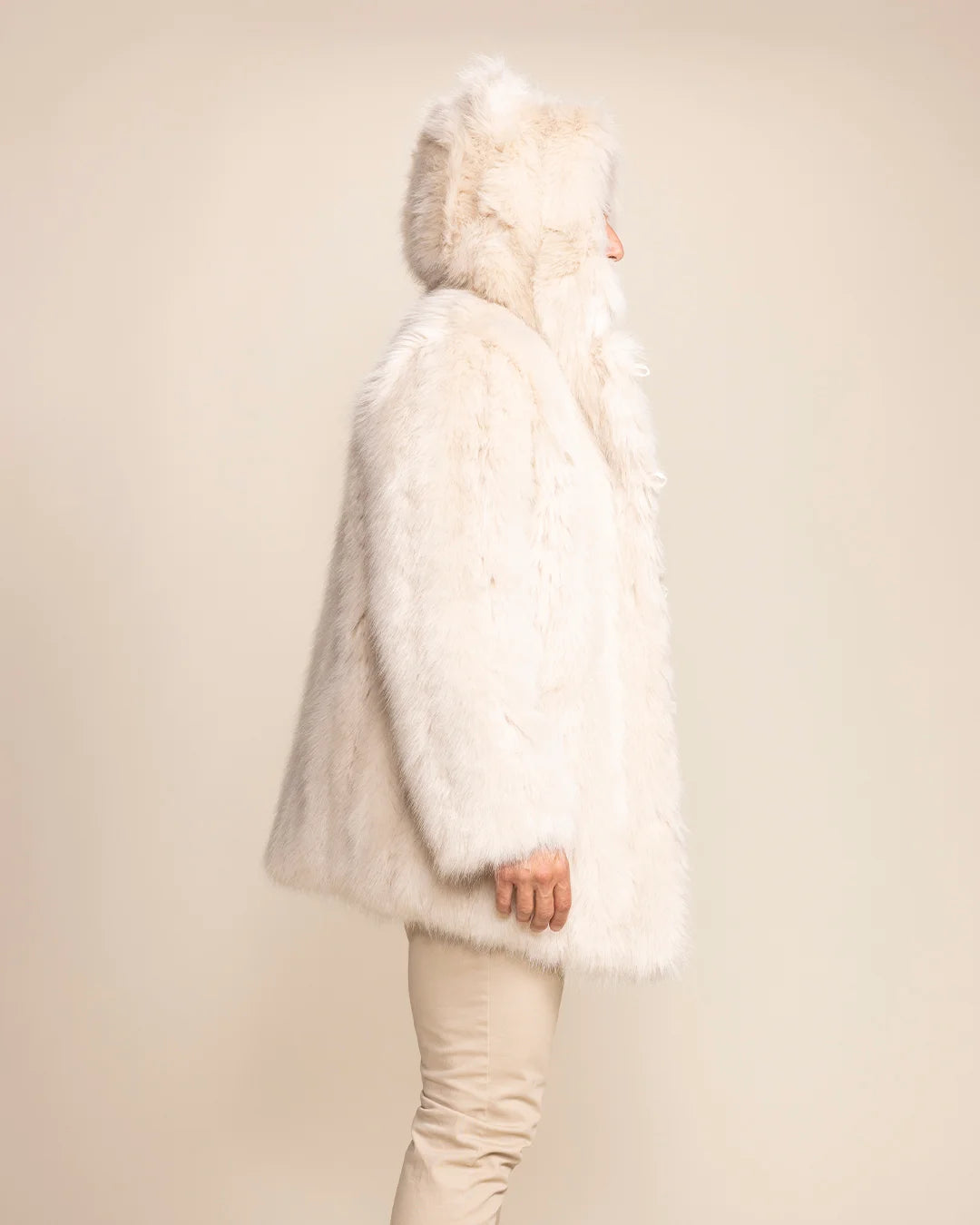 Top-rated festival fashion for men: the Arctic Wolf white faux fur parka with an oversized hood, stash pocket, peacoat buttons.