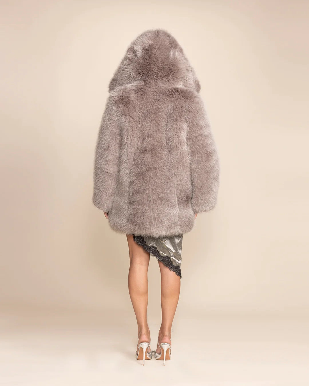Limited Edition Grey Fox fake fur jacket from a vegan fashion brand featuring a relaxed fit and luxury finish.