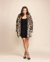 Bold date night look featuring a cheetah-style Oncilla faux fur coat with a versatile collar worn down
