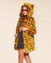 Vibrant yellow cheetah print outerwear for women, showcasing bold color and high-quality synthetic fake fur.