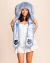 SpiritHoods Collector Edition Rabbit Hood in soft blue fake fur with large bunny ears, scarf, and paw pockets. Rave apparel and festival fashion hood with secret stash pocket.